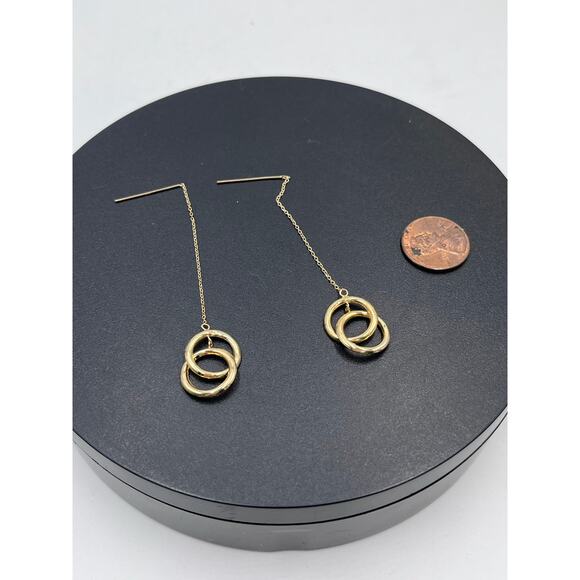 JCM 14K Yellow Gold Double Hoop Circles Dangle Threader Pierced Earrings - Picture 6 of 7